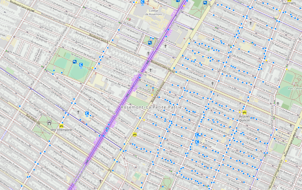 An image of a map, the right side a matrix of dense blue dots representing bicycle parking, the left side notably lacking them.