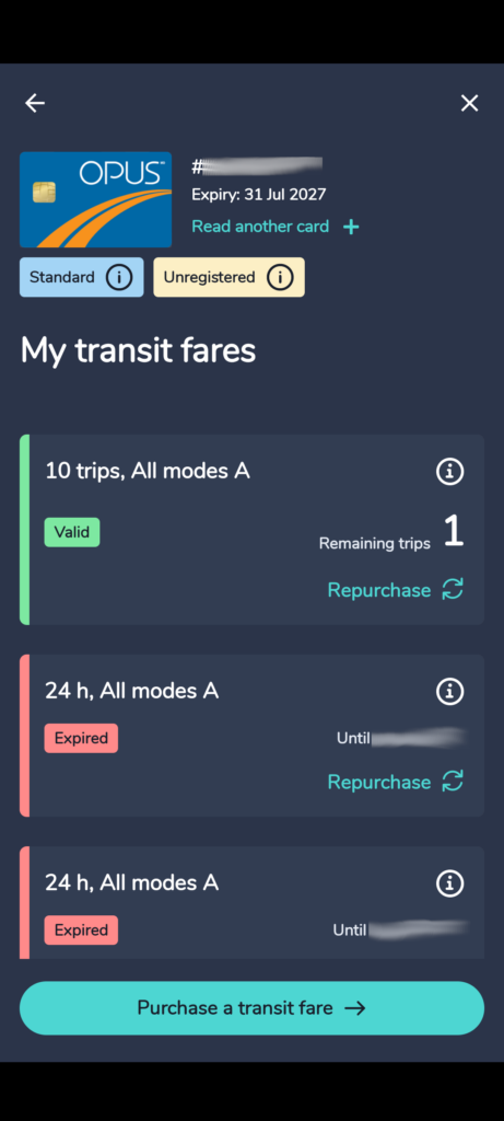 A screenshot showing the information read from my Opus card, and how to add fares via the app.