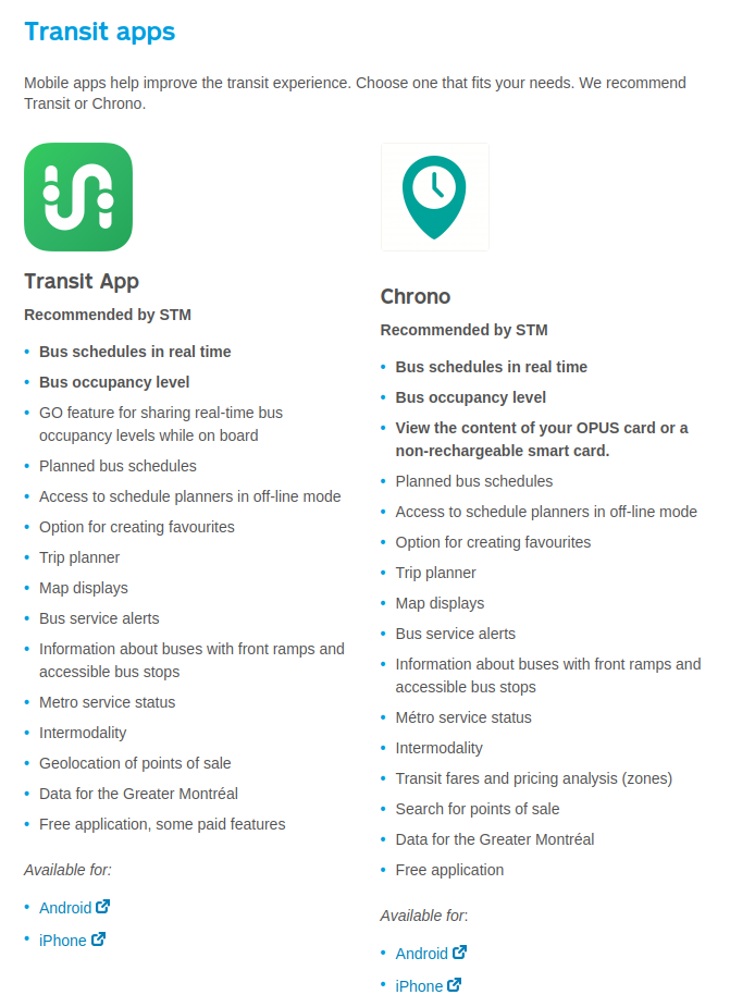 A screenshot of the STM's two recommended apps: Transit App, and Chrono.